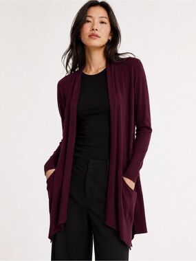 Wilfred Silk Cashmere Long Open Cardigan Plum Burgundy Small